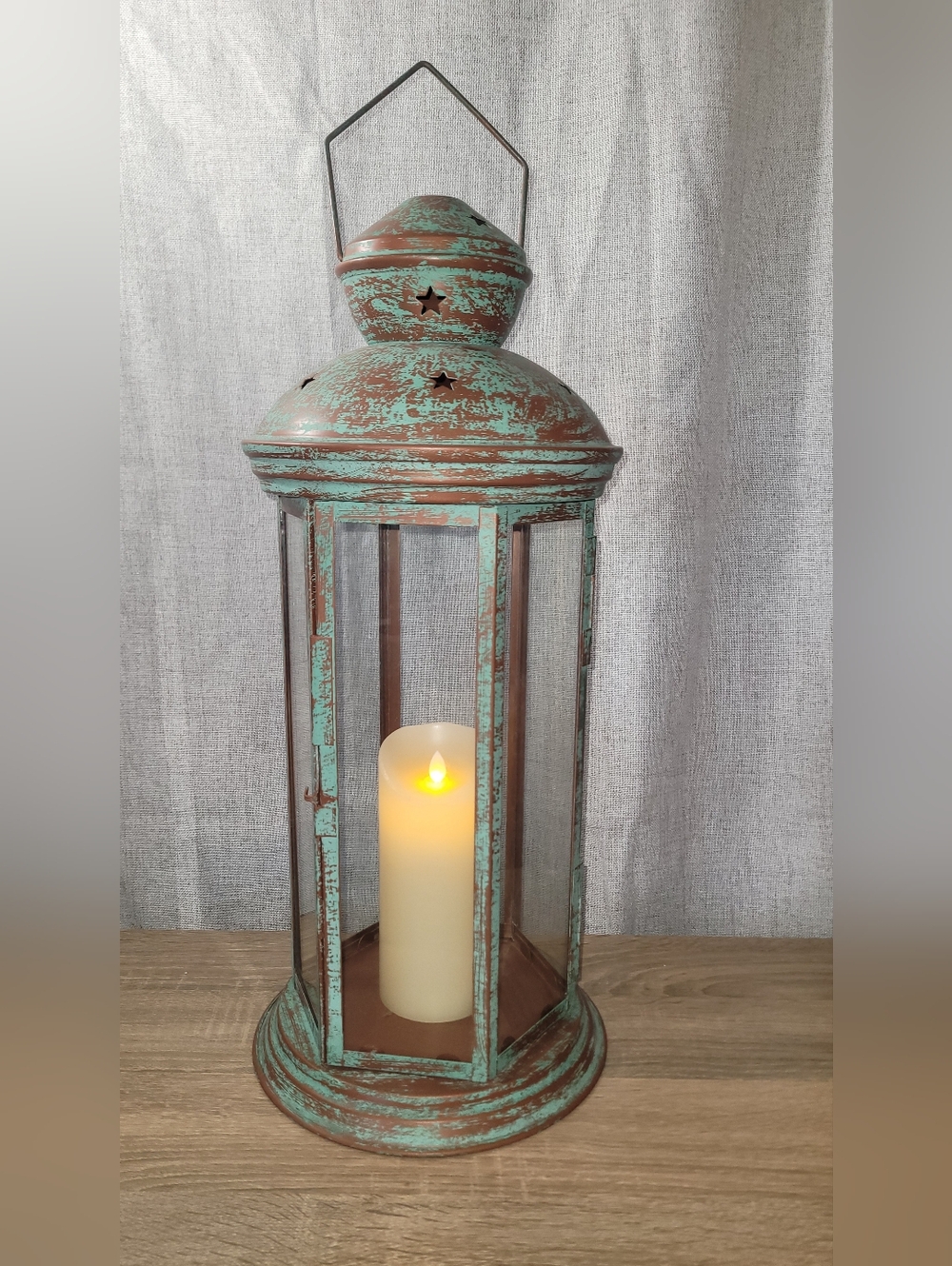 Distressed Turquoise Metal Lantern Large 20" Faux Copper Patina